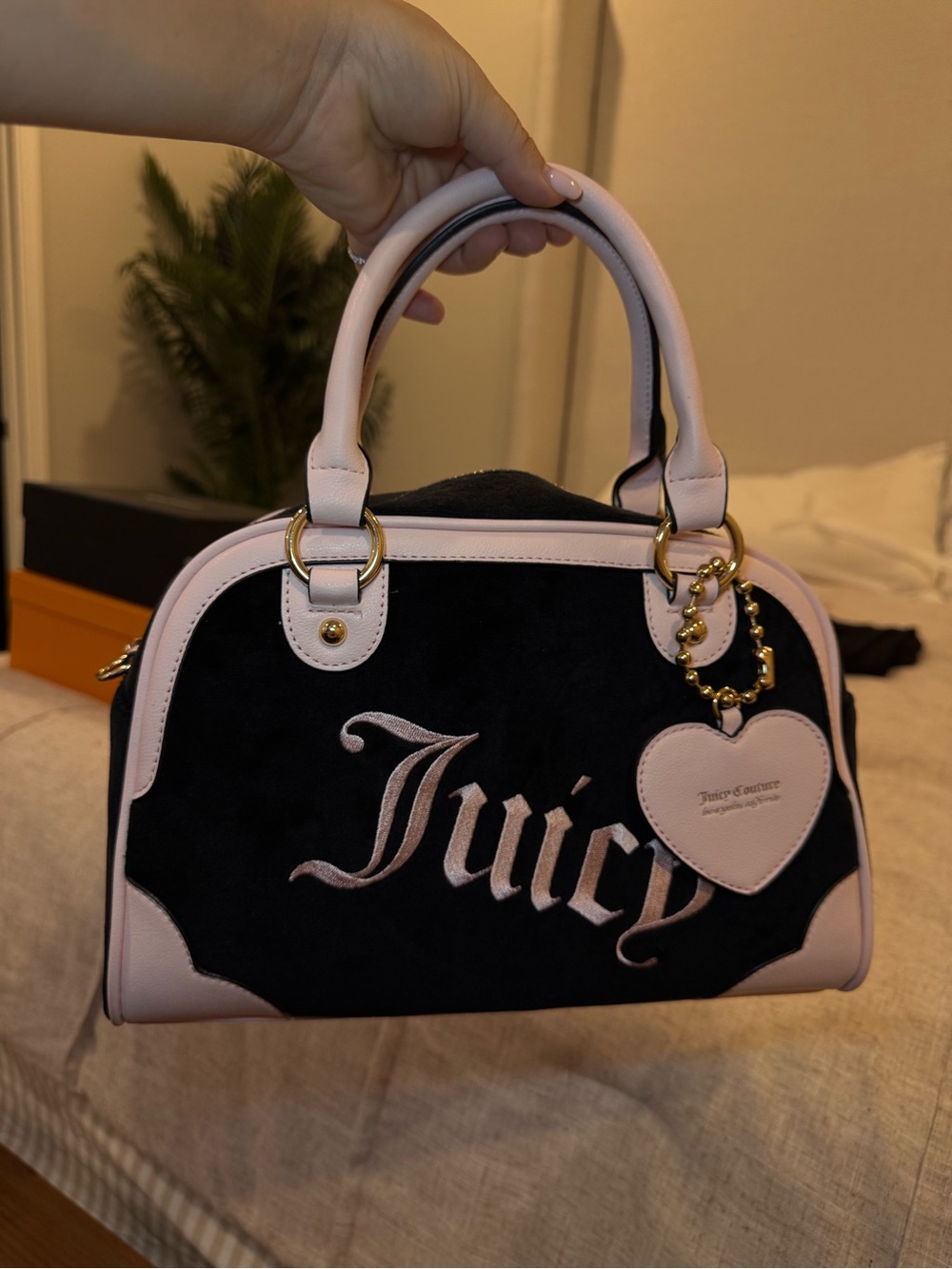 Juicy Couture Black Suede Satchel with Pink Trim - Picture 1 of 9